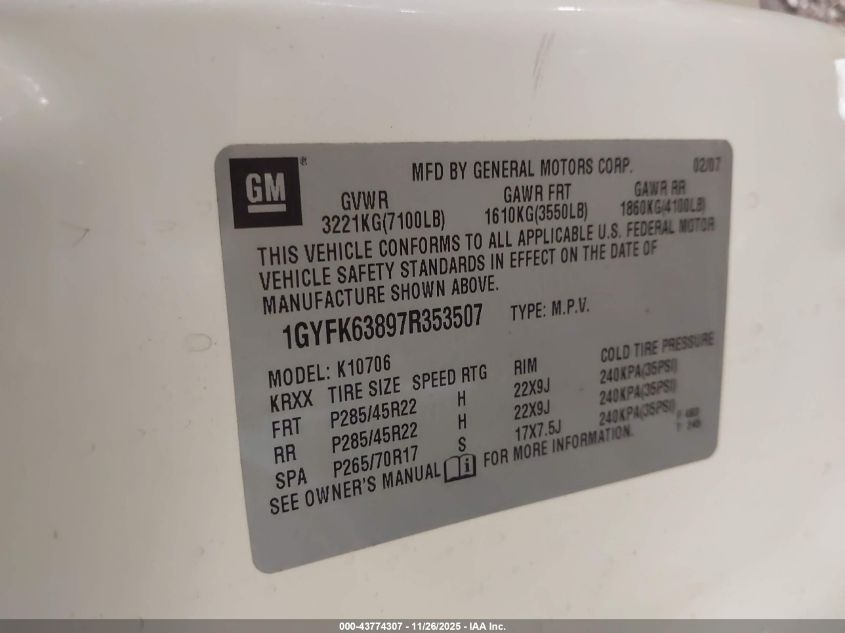 2007 Cadillac Escalade Standard VIN: 1GYFK63897R353507 Lot: 43774307