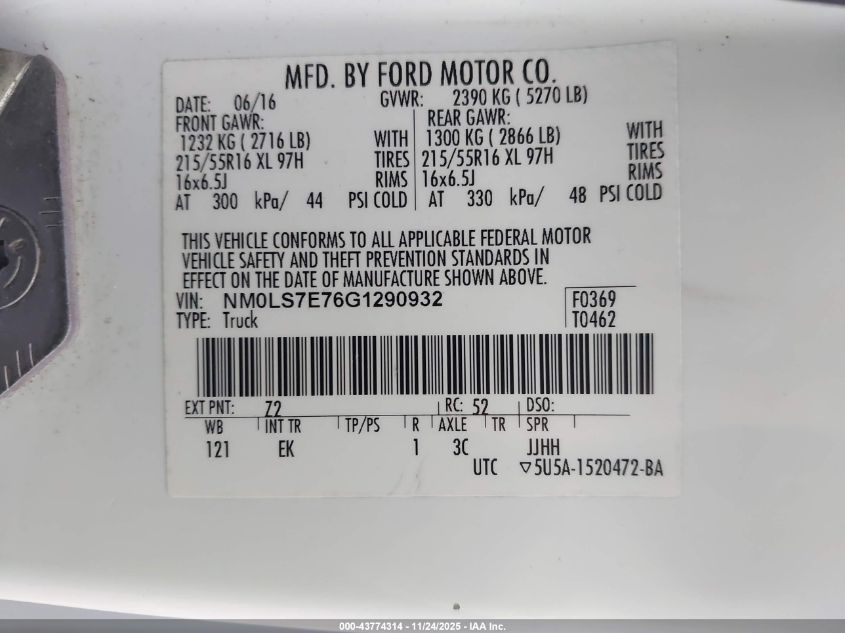 2016 Ford Transit Connect Xl VIN: NM0LS7E76G1290932 Lot: 43774314