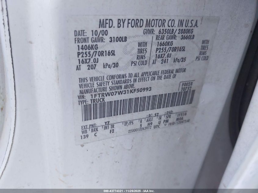 2001 Ford F-150 Harley-Davidson Edition/King Ranch Edition/Lariat/Xlt VIN: 1FTRW07W31KF50993 Lot: 43774321