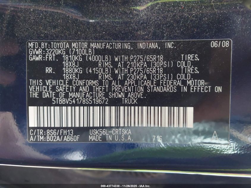 2008 Toyota Tundra Sr5 5.7L V8 VIN: 5TBBV54178S519672 Lot: 43774338