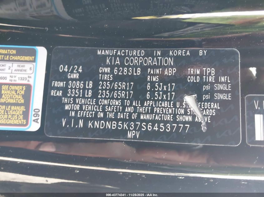 2025 Kia Carnival Mpv Lxs VIN: KNDNB5K37S6453777 Lot: 43774341