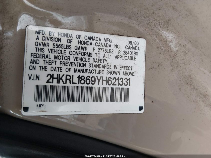 2000 Honda Odyssey Ex VIN: 2HKRL1869YH621331 Lot: 43774348