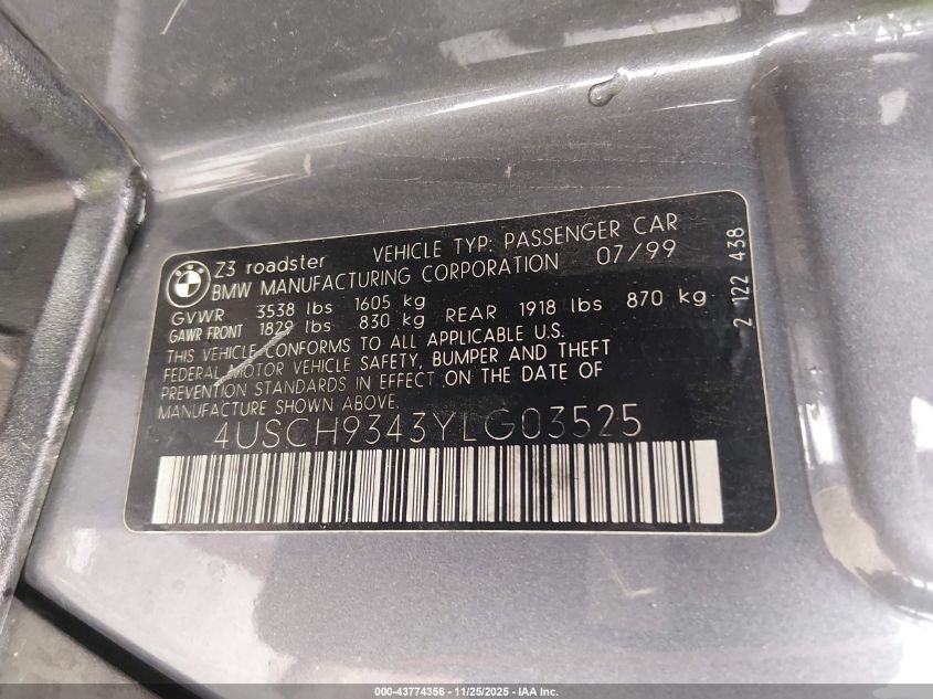 2000 BMW Z3 2.3 VIN: 4USCH9343YLG03525 Lot: 43774356
