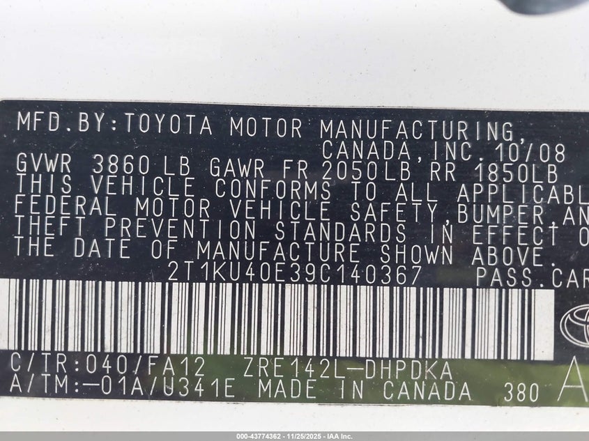 2009 Toyota Matrix VIN: 2T1KU40E39C140367 Lot: 43774362