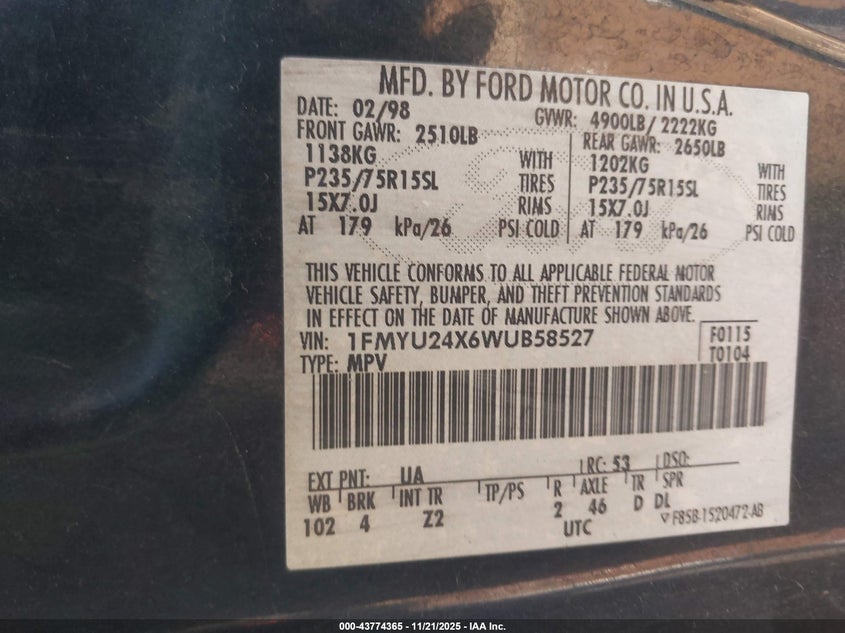 1FMYU24X6WUB58527 1998 FORD EXPLORER photo no. 9