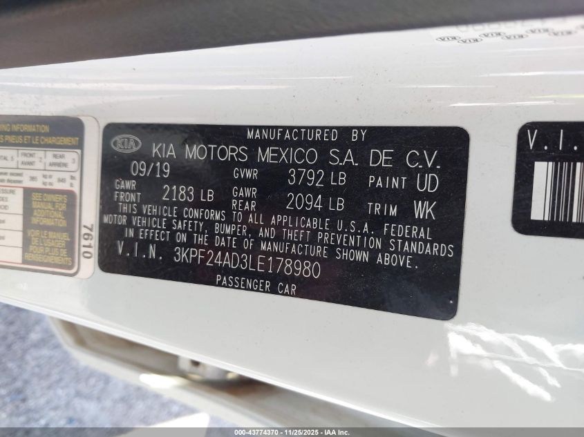 2020 Kia Forte Lxs VIN: 3KPF24AD3LE178980 Lot: 43774370