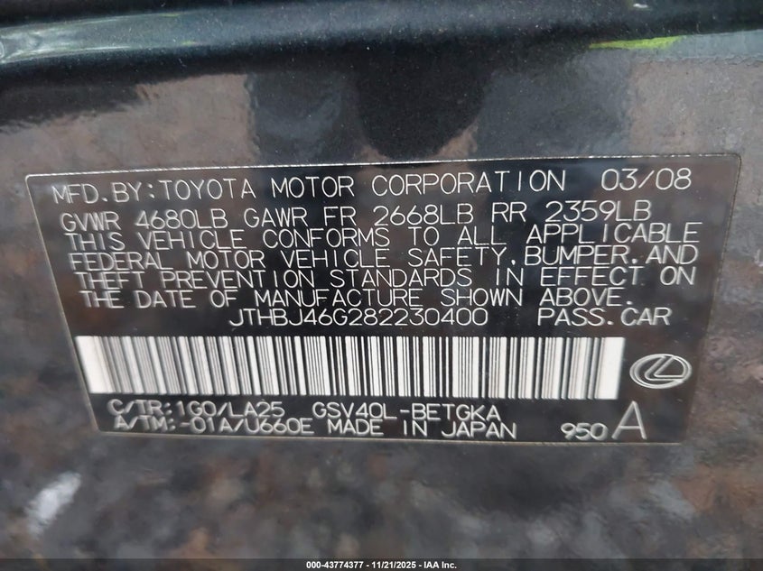 JTHBJ46G282230400 2008 LEXUS ES photo no. 9