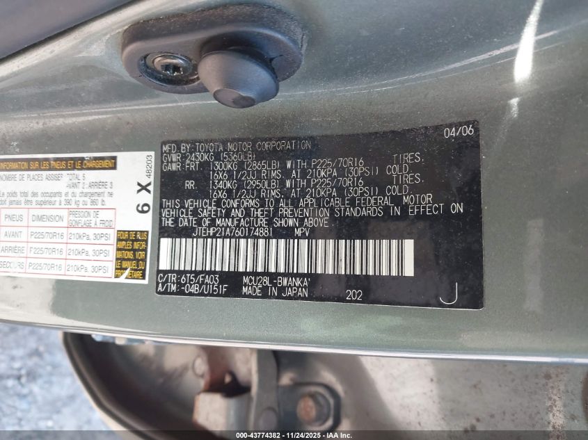 2006 Toyota Highlander V6 VIN: JTEHP21A760174881 Lot: 43774382