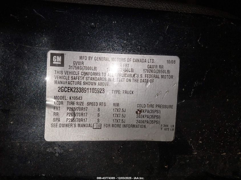 2009 Chevrolet Silverado 1500 Lt VIN: 2GCEK233891105923 Lot: 43774389