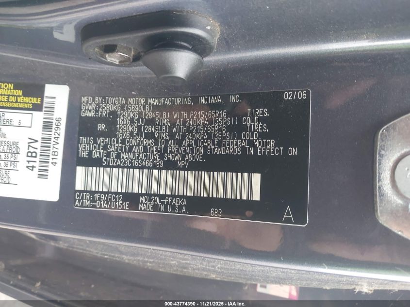 2006 Toyota Sienna Le VIN: 5TDZA23C16S466189 Lot: 43774390