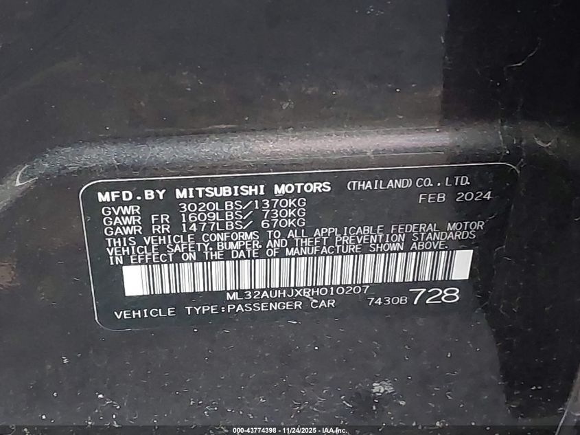 2024 Mitsubishi Mirage Es/Le VIN: ML32AUHJXRH010207 Lot: 43774398