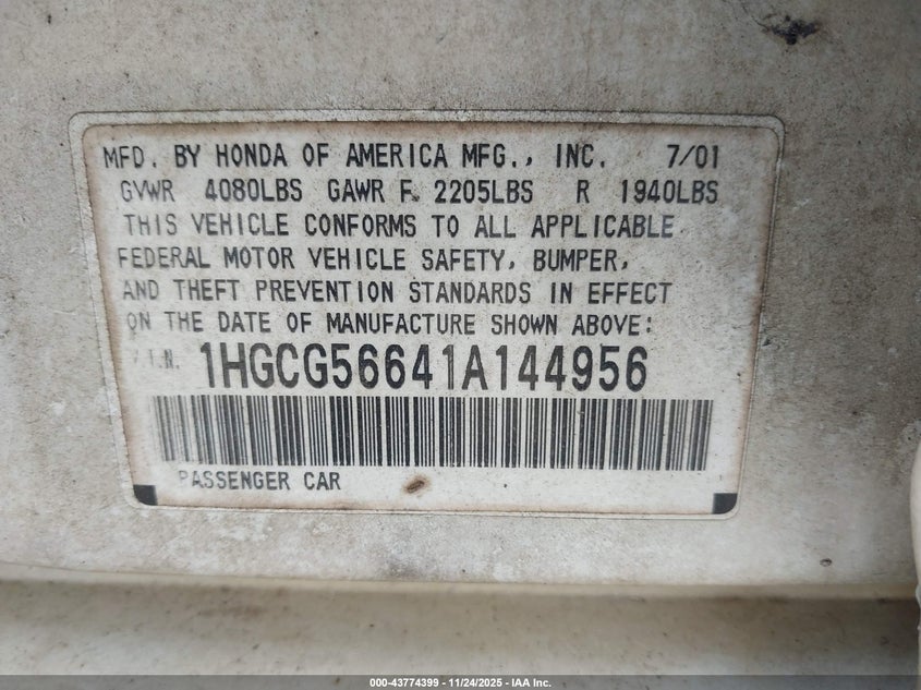 2001 Honda Accord 2.3 Ex VIN: 1HGCG56641A144956 Lot: 43774399