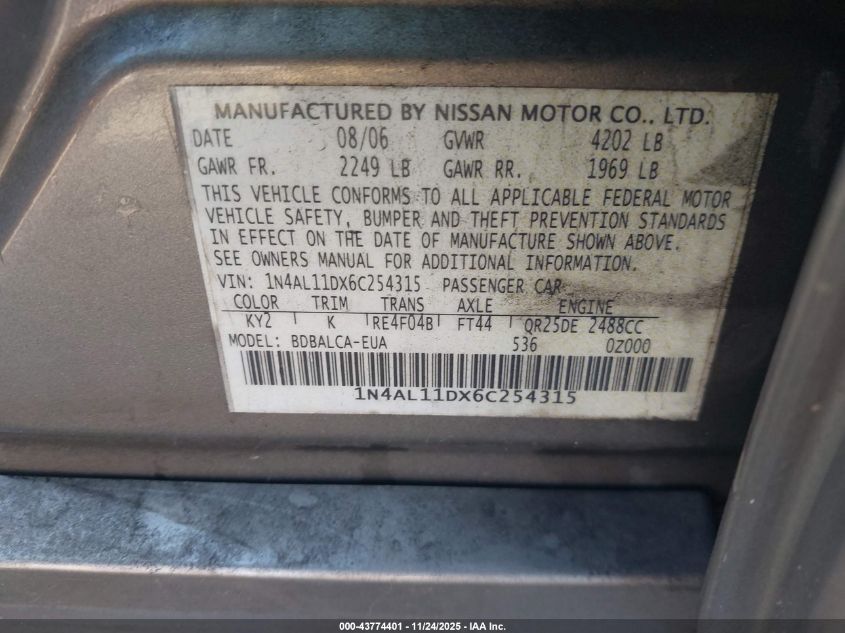 2006 Nissan Altima 2.5 S VIN: 1N4AL11DX6C254315 Lot: 43774401