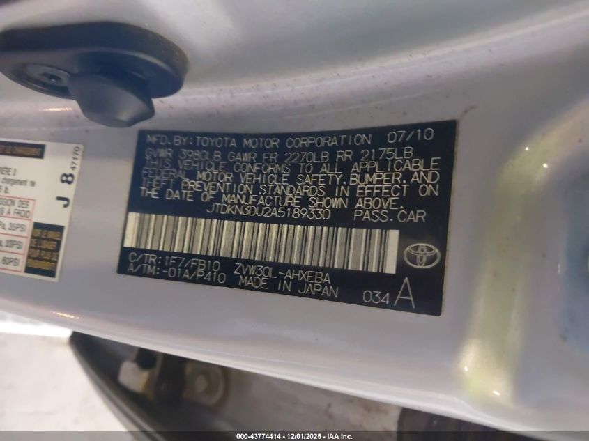 2010 Toyota Prius Iii VIN: JTDKN3DU2A5189330 Lot: 43774414