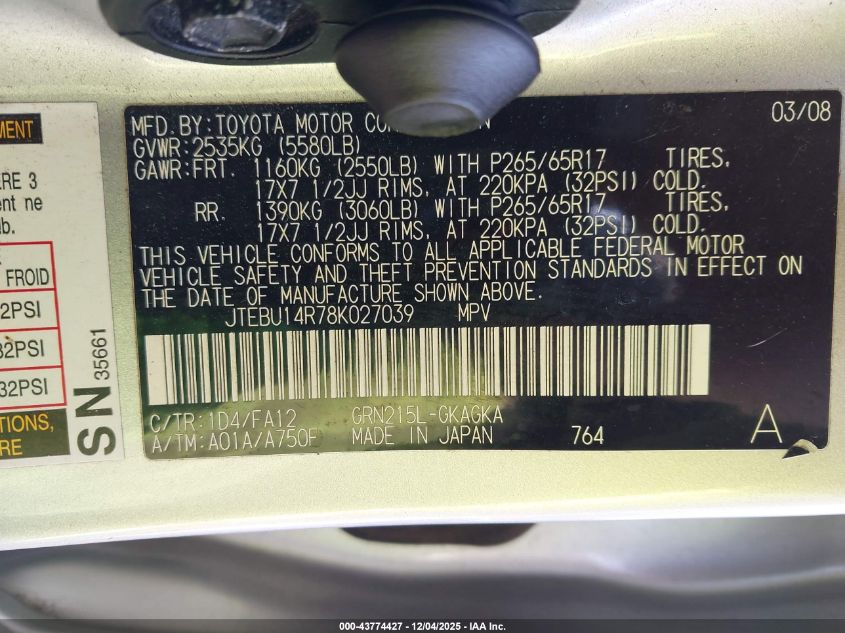 2008 Toyota 4Runner Sr5 V6 VIN: JTEBU14R78K027039 Lot: 43774427