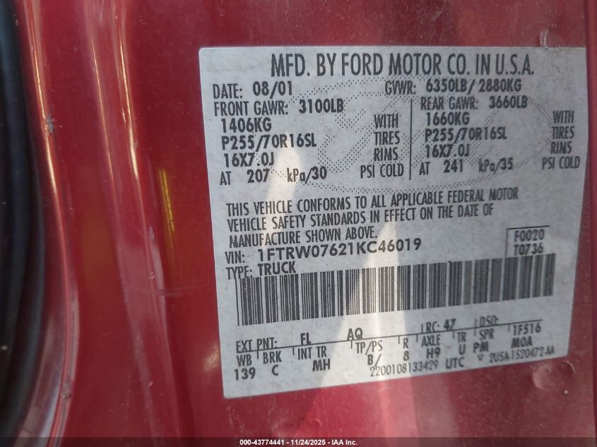2001 Ford F-150 Harley-Davidson Edition/King Ranch Edition/Lariat/Xlt VIN: 1FTRW07621KC46019 Lot: 43774441