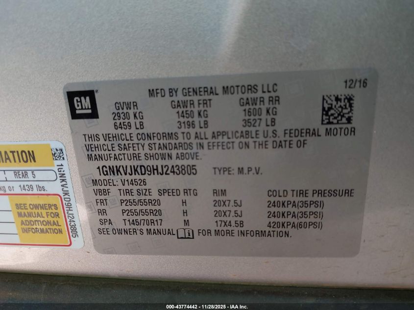 2017 Chevrolet Traverse Premier VIN: 1GNKVJKD9HJ243805 Lot: 43774442