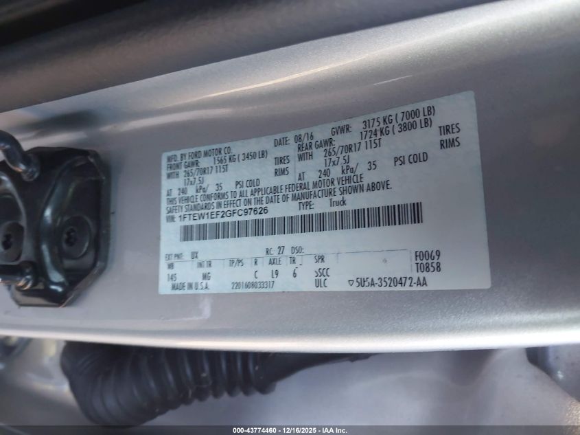 2016 Ford F-150 Xlt VIN: 1FTEW1EF2GFC97626 Lot: 43774460