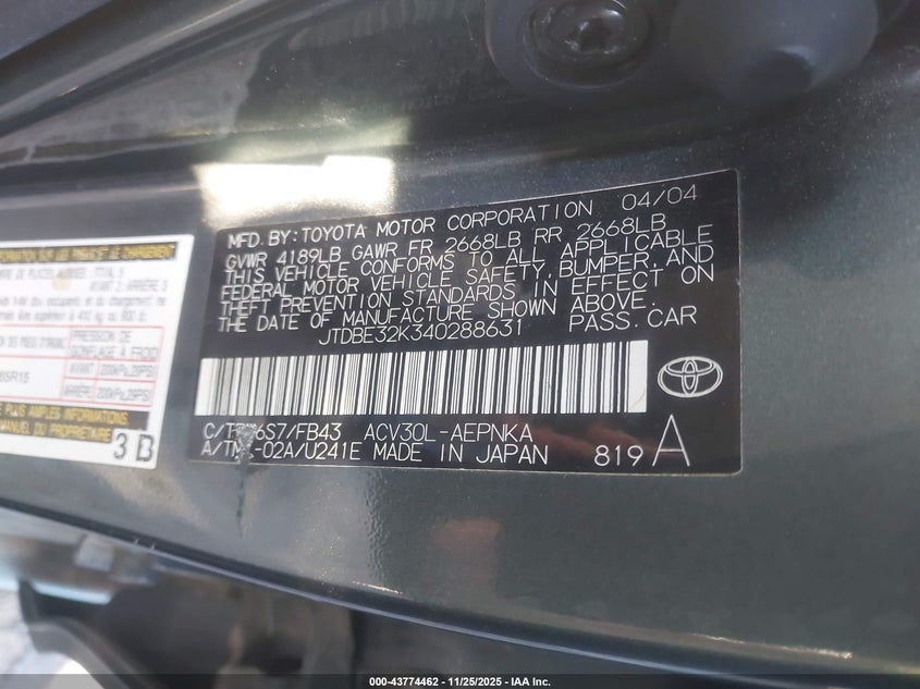 2004 Toyota Camry Le VIN: JTDBE32K340288631 Lot: 43774462
