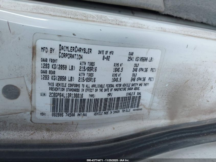 2003 Chrysler Town & Country Limited VIN: 2C8GP64L13R136616 Lot: 43774471