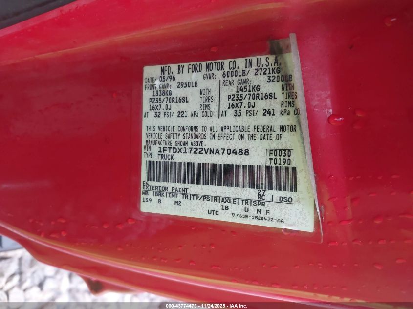 1997 Ford F-150 Standard/Xl/Xlt VIN: 1FTDX1722VNA70488 Lot: 43774473