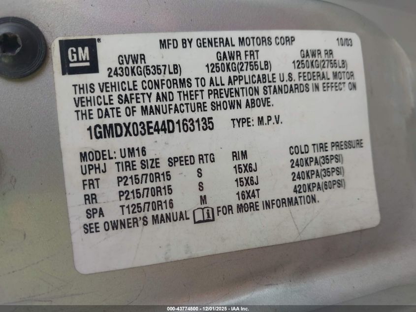 2004 Pontiac Montana M16 W/1Sa Pkg. VIN: 1GMDX03E44D163135 Lot: 43774500