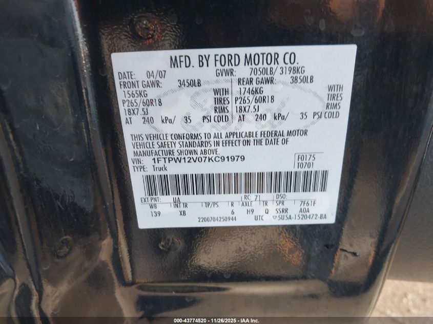 2007 Ford F-150 Lariat/Xlt VIN: 1FTPW12V07KC91979 Lot: 43774520