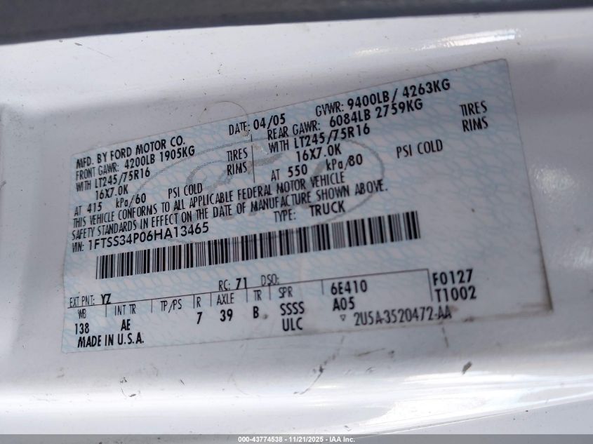 2006 Ford E-350 Super Duty Commercial/Recreational VIN: 1FTSS34P06HA13465 Lot: 43774538