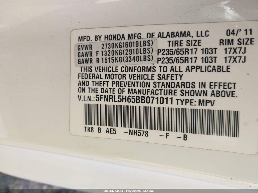 2011 Honda Odyssey Ex-L VIN: 5FNRL5H65BB071011 Lot: 43774554