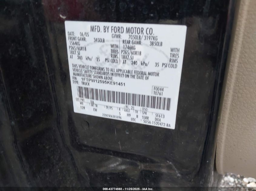 2005 Ford F-150 Lariat/Xlt VIN: 1FTPW12595KE91451 Lot: 43774568