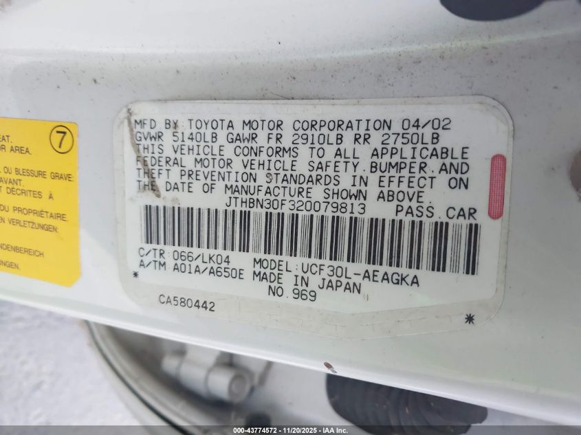 2002 Lexus Ls 430 VIN: JTHBN30F320079813 Lot: 43774572