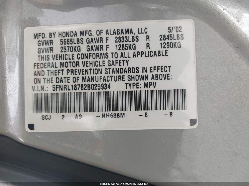 2002 Honda Odyssey Ex-L VIN: 5FNRL18782B025934 Lot: 43774574