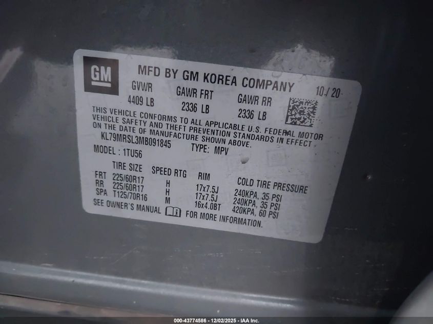 2021 Chevrolet Trailblazer Awd Lt VIN: KL79MRSL3MB091845 Lot: 43774586