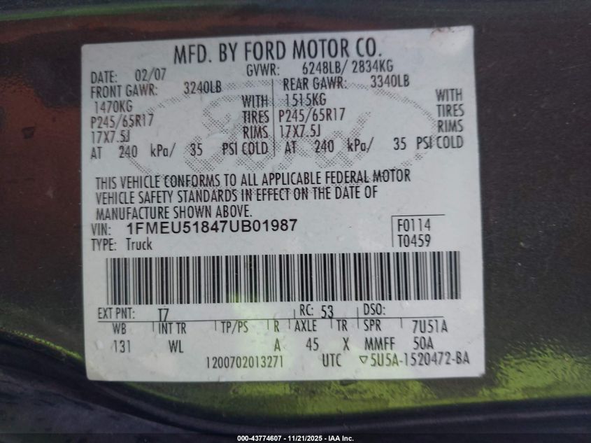 2007 Ford Explorer Sport Trac Xlt VIN: 1FMEU51847UB01987 Lot: 43774607