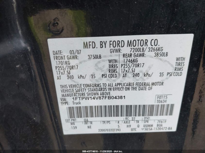 2007 Ford F-150 Fx4/Lariat/Xlt VIN: 1FTPW14V87FB04381 Lot: 43774618