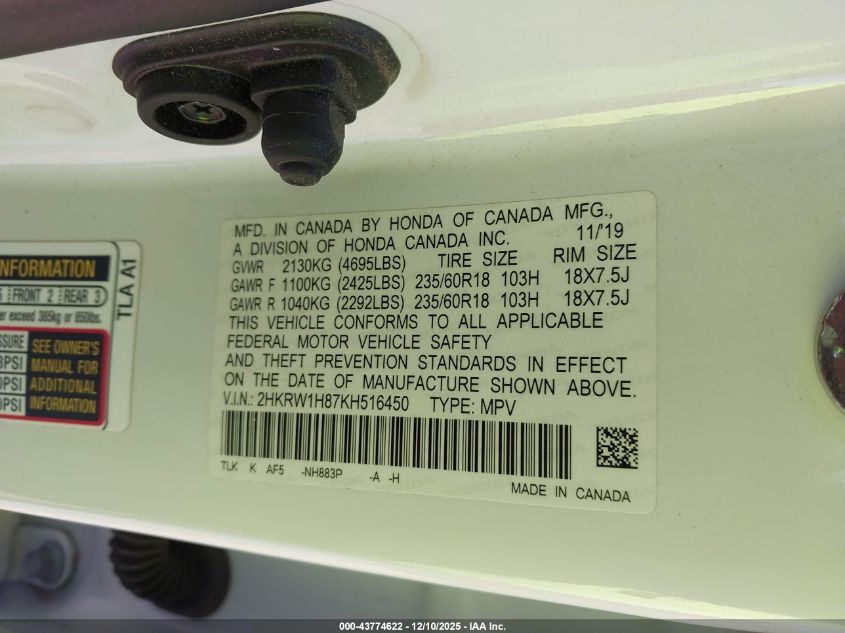 2019 Honda Cr-V Ex-L VIN: 2HKRW1H87KH516450 Lot: 43774622