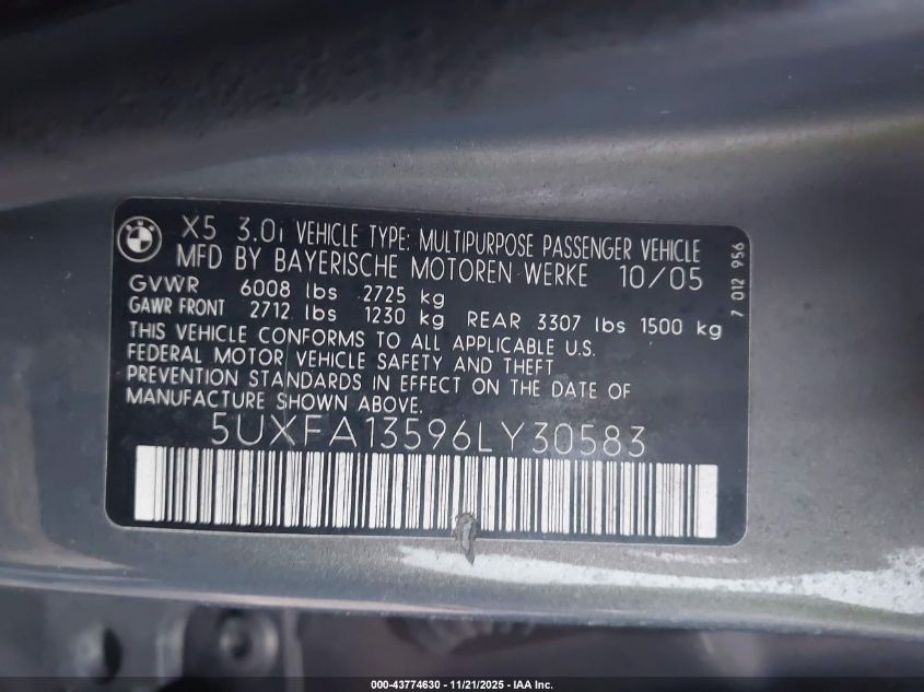 2006 BMW X5 3.0I VIN: 5UXFA13596LY30583 Lot: 43774630