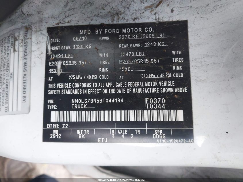 2011 Ford Transit Connect Xlt VIN: NM0LS7BN5BT044194 Lot: 43774640