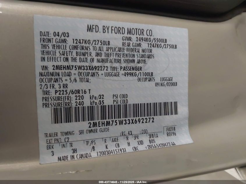2003 Mercury Grand Marquis Ls VIN: 2MEHM75W33X692272 Lot: 43774645