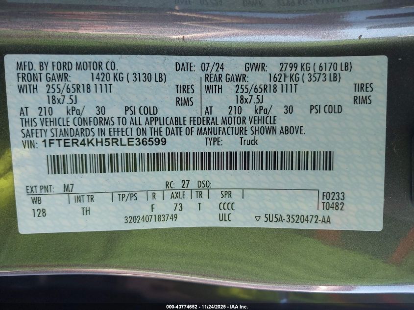 2024 Ford Ranger Lariat VIN: 1FTER4KH5RLE36599 Lot: 43774652