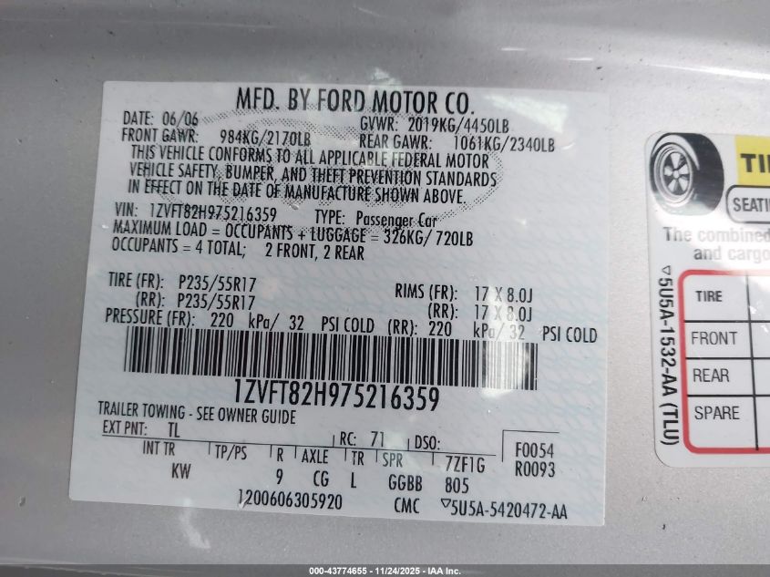 2007 Ford Mustang Gt Deluxe/Gt Premium VIN: 1ZVFT82H975216359 Lot: 43774655