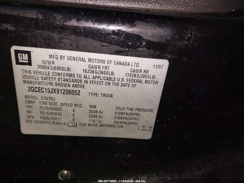 2008 Chevrolet Silverado 1500 Lt1 VIN: 2GCEC19JX81206652 Lot: 43774658