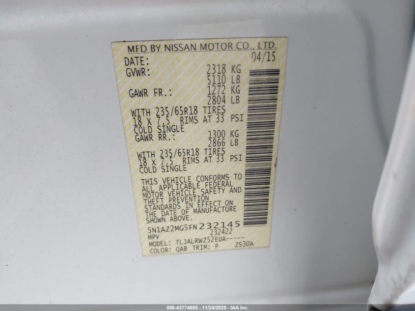 2015 Nissan Murano Sl VIN: 5N1AZ2MG5FN232145 Lot: 43774685