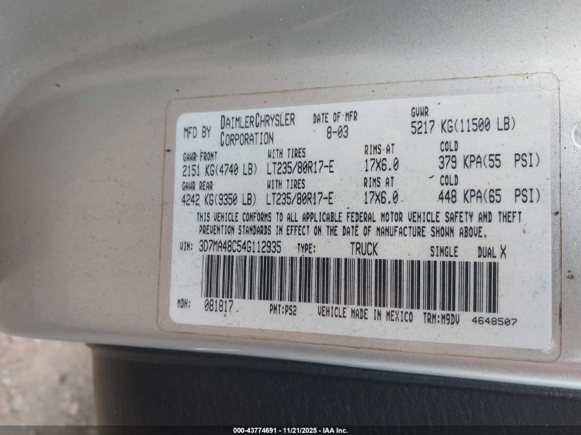 2004 Dodge Ram 3500 Slt/Laramie VIN: 3D7MA48C54G112935 Lot: 43774691