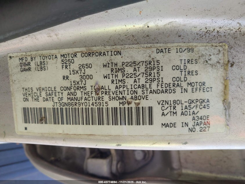 2000 Toyota 4Runner Sr5 V6 VIN: JT3GN86R9Y0145915 Lot: 43774694