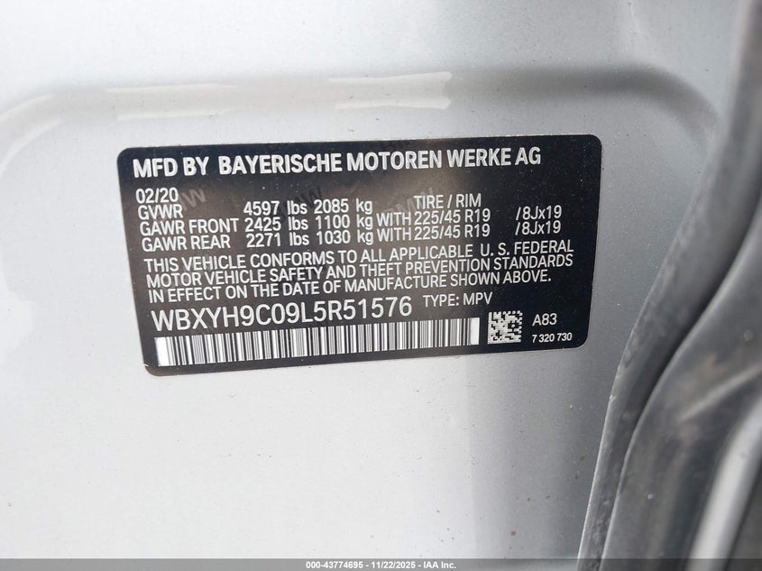 2020 BMW X2 Sdrive28I VIN: WBXYH9C09L5R51576 Lot: 43774695