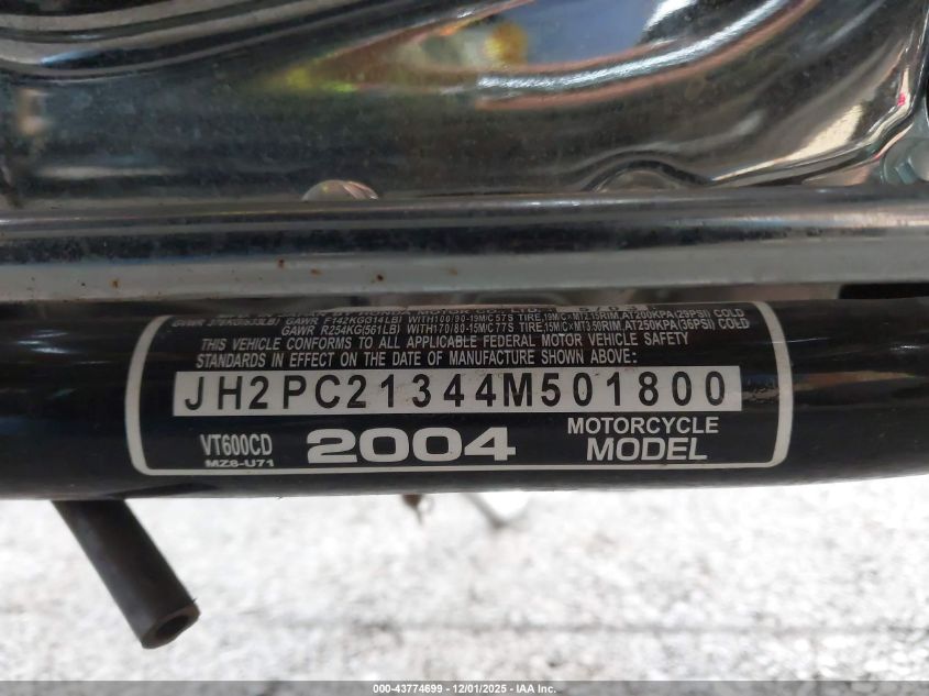 2004 Honda Vt600 Cd VIN: JH2PC21344M501800 Lot: 43774699