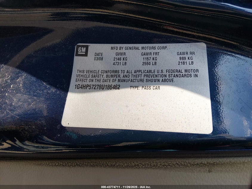 2008 Buick Lucerne Cx VIN: 1G4HP57278U186462 Lot: 43774711