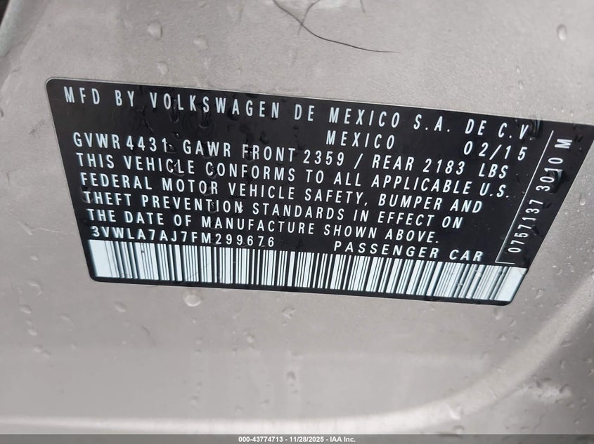 2015 Volkswagen Jetta 2.0L Tdi Se VIN: 3VWLA7AJ7FM299676 Lot: 43774713