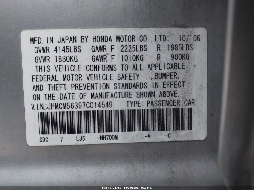 2007 Honda Accord 2.4 Se VIN: JHMCM56397C014549 Lot: 43774715